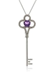 Sterling Silver Heart Amethyst and Genuine White Diamonds Key Pendant Necklace, 18"