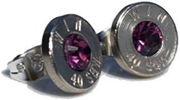 .40 S&W Bullet Earrings with Swarovski Amethyst Crystal. Brand New!