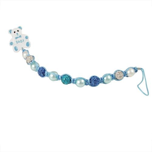 Shamballa Inspired Turquoise, Blue and White Crystal Balls and Pearls Teddy Bear Baby Boy Pacifier Clip Holder