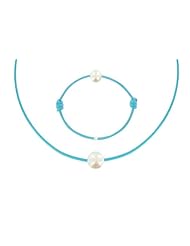 Les Poulettes Jewels - Necklace and Bracelet Set White Pearl 8-9 mm with Turquoise Wax Cord