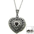 Sterling Silver Marcasite and Genuine Garnet Puffed Heart Locket