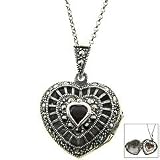 Sterling Silver Marcasite and Genuine Garnet Puffed Heart Locket