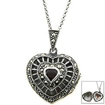 Sterling Silver Marcasite and Genuine Garnet Puffed Heart Locket