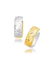 14K Two-Tone Gold Reversible Quilted Hinged Hoop Huggie Earrings