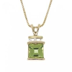Green Peridot & Diamond Pendant w/ Chain in Solid Yellow Gold
