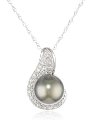14k White Gold Black Tahitian Cultured Pearl with Diamond Accent Pendant Necklace (1/4 cttw, H-I Color, I1-I2 Clarity), 17"