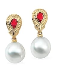 Jewelplus South Sea Cultured Pearl & Genuine Ruby Earrings 18K Yellow Pair 06.00X04.00Mm/11.00Mm Fin