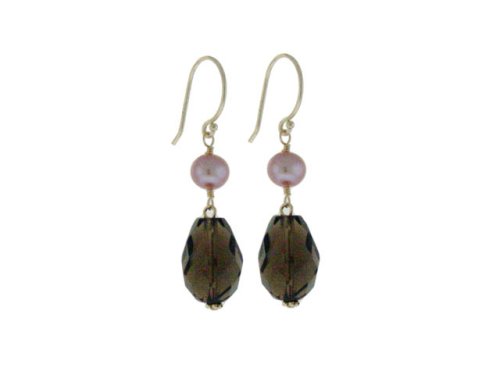 14k Yellow Gold Freshwater Pearl and Smoky Quartz Dangle Earrings