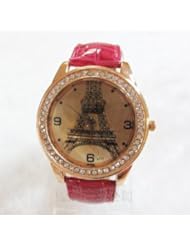 New Hot Belt Eiffel Tower Diamond Surface Quartz Wrist Watch Lady Woman Girl(rose red）