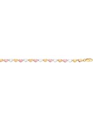 14 Karat 10" Yellow White Rose Gold 3.5mm Shiny Tri-Color Puffed Heart Anklet With Lobster Clasp