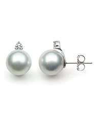 14K White Gold, AA+ Quality 11-12mm Round White South Sea Pearl and Diamond Stud Earrings