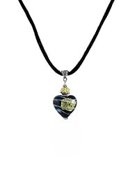 Necklace - N28 - Heart Shape Murano Style Glass ~ Black and Lime Green Stripe