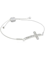 Nine West "Good Fortune" Silver-Tone Crystal Side Cross Slider Bracelet, 8"