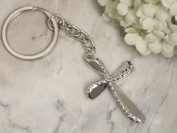 Beaded chrome silver Cross keychain, 24
