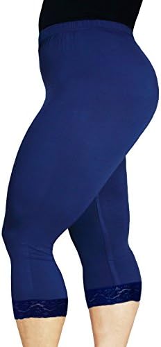 Zerdocean Women's Plus Size Modal Capri Leggings Hem Lace Trim Dark Blue 3X