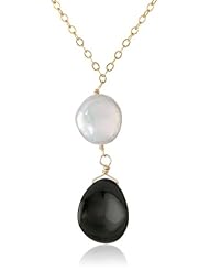 Gold-Plated Sterling Silver, Black Onyx, and White Freshwater Cultured Pearl (9.5-10 mm) Drop Necklace, 16"+2" Extender
