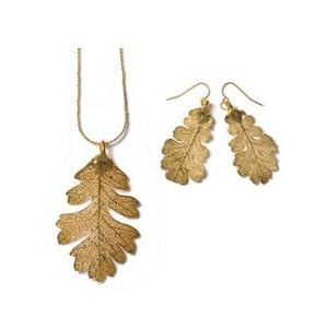 Real Oak Leaf Necklace and Earring Set - Gold