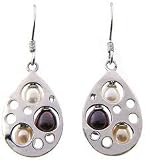 Sterling Silver Genuine Three Color Pearls Teardrop Earrings