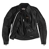 Harley Davidson Womens FXRG Midweight Leather Jacket. Top-of-the-line functional gear. Top-of-the-Line. Midweight, water-resistant leather, action back, zippered cuffs, pre-curved sleeves, outside pockets, inside pocket system, flow-through ventilation, removable warmth liner that doubles as a lightweight jacket, lightweight impact armor, reflective piping. Water-resistant zipper. Embossed graphic. Jacket zips to coordinating leather pant. 5-year warranty, 98520-05VW
