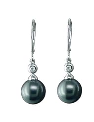 14k white gold 9-10mm Tahitian cultured pearl and diamond (.04ctw) earrings.