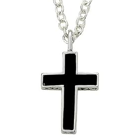 Sterling Silver 1" Cross Necklace with Black Onyx and Silver Border on 22" Chain