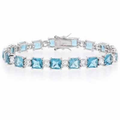 Sterling Silver Square and Circle Simulated Aquamarine CZ and Simulated Diamond CZ Tennis Bracelet