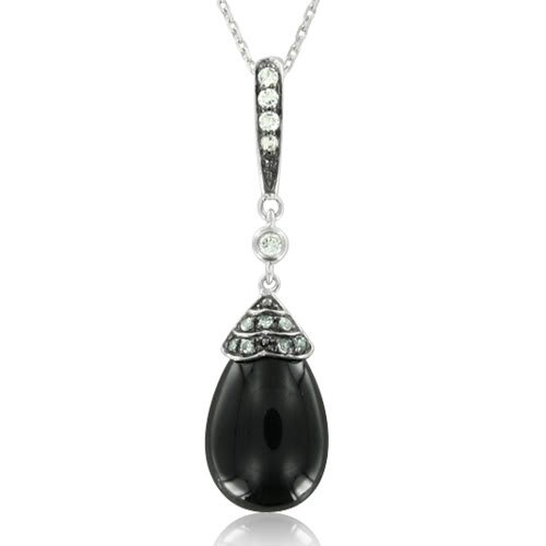 Black Onyx and White Topaz Tear Drop Necklace Pendant in 14k White Gold, 4.23 cttw