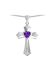 Original Star K (tm) Heart Cross Love Pendant with Heart Shape Simulated Amethyst in 925 Sterling Silver
