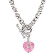 SILVER CZ NECKLACE 16" WITH TOGGLE CLASP, PINK HEART
