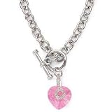 SILVER CZ NECKLACE 16" WITH TOGGLE CLASP, PINK HEART