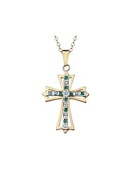 Emerald and Diamond Cross Pendant Necklace 18 Inches in Sterling Silver and 14K Yellow Gold with Chain