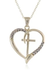 Goldtone Finish Silver Diamond Accent Heart and Cross Pendant Necklace, 18"