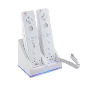 Socle de chargement pour 2 télécommandes Nintendo Wii fonctionnant avec ou sans Wii MotionPlus + 2 batteries rechargeables Blanc