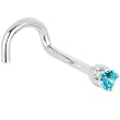 Solid 14KT White Gold 2mm Mint Green Cubic Zirconia Right Nostril Screw - 18 Gauge