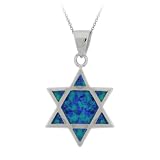 Sterling Silver Created-Blue Opal Inlay Jewish Star Pendant w/ Rolo Chain, 18