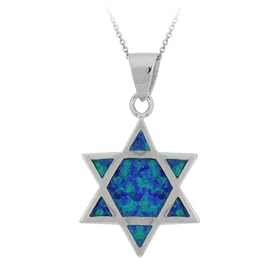 Sterling Silver Created-Blue Opal Inlay Jewish Star Pendant w/ Rolo Chain, 18″