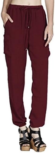 High Fashion Drawstring Waist Cargo Pockets Elastic Hem Pants (Small, Burgundy)