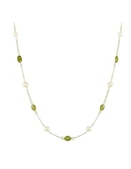 Sterling Silver with 10 Freshwater Pearls and 7 Peridot Oval Cabochon Necklace, 18"