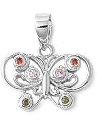 Sterling Silver Multicolored CZ Butterfly Pendant Fancy Charm Pure 925 New 11mm with 1mm Ball Bead Chain