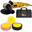 DeWalt DW849 Heavy Duty Variable Speed Polisher along with a TCPglobal Brand Set of 3 D002 Series 6" Direct Mount Foam Pads