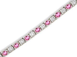 14K White Gold Genuine Oval Pink Tourmaline and Diamond Bracelet