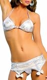 Sexy White & Silver Shimmer Rhinestone Lingerie Bikini with Garter Corset Skirt 3pc Set