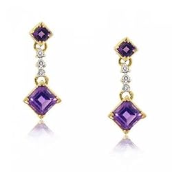 Real Amethyst & Diamond Dangle Earrings in Yellow Gold