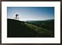 A bicyclist rides along the ridge of a mountain Sports Framed Art Poster Print by Skip Brown, 29x21