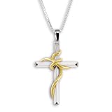 14 Karat Gold Plate and Rhodium Plated Sterling Silver Cross Pendant with 18 Box Chain