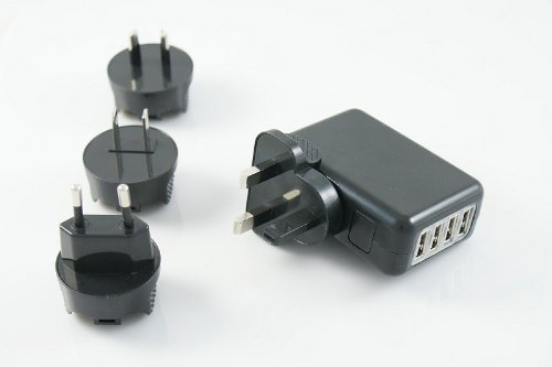 Multi Port USB plug - 4 Ports USB Charger with UK, EU, US & AU Plugs - supports iPad, Tablet, Kindle, eBook reader, Smart phone, iPod, MP3 Player, portable speaker and portable gaming console