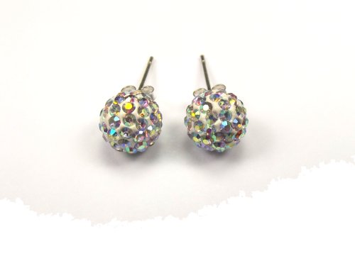 Shamballa White 925 Silver Stud Earrings, 8mm Disco Balls Encrusted with White Ice Czech Crystals. These Celebrity Style Fashion Jewellery Earrings are for Pierced Ears