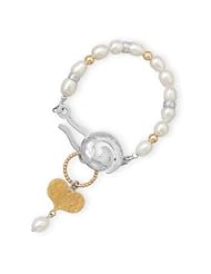 8" Bracelet with Cultured Freshwater Pearls, 4mm Sterling Silver Beads, and 4mm 12/20 Gold Filled Beads and an Ornate Hook Type Closure. The Pearls Are Approximately 7mm. The Closure Includes a Textured Sterling Silver Swirl, Textured 12/20 Gold Filled Link and a Gold Plated Brass Textured Heart with 7mm Cultured Freshwater Pearl Drop.