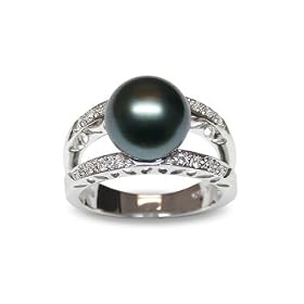 Size 7 18K white gold Leo Black Tahitian south sea cultured pearl and diamond... by American Pearl