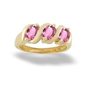 14K Yellow Gold Genuine Oval Pink Tourmaline 3-Stone Ring by Jewels For Me